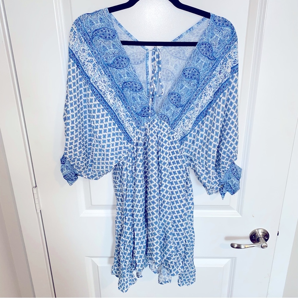 Vici Blue V Neck 3/4 Sleeve Bohemian Vintage Print Mini Dress